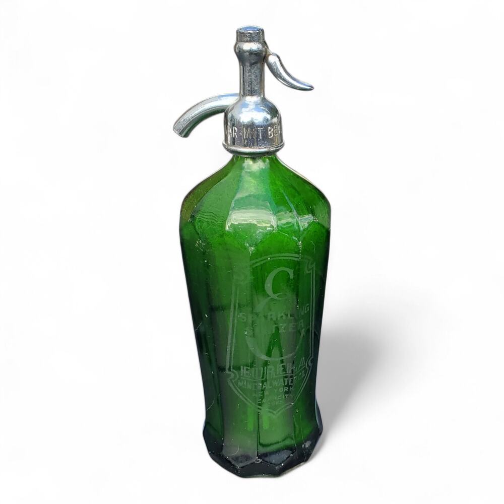 Antique Emerald Green Seltzer Bottle Eureka Mineral Water Co. NY 10-Sided Glass
